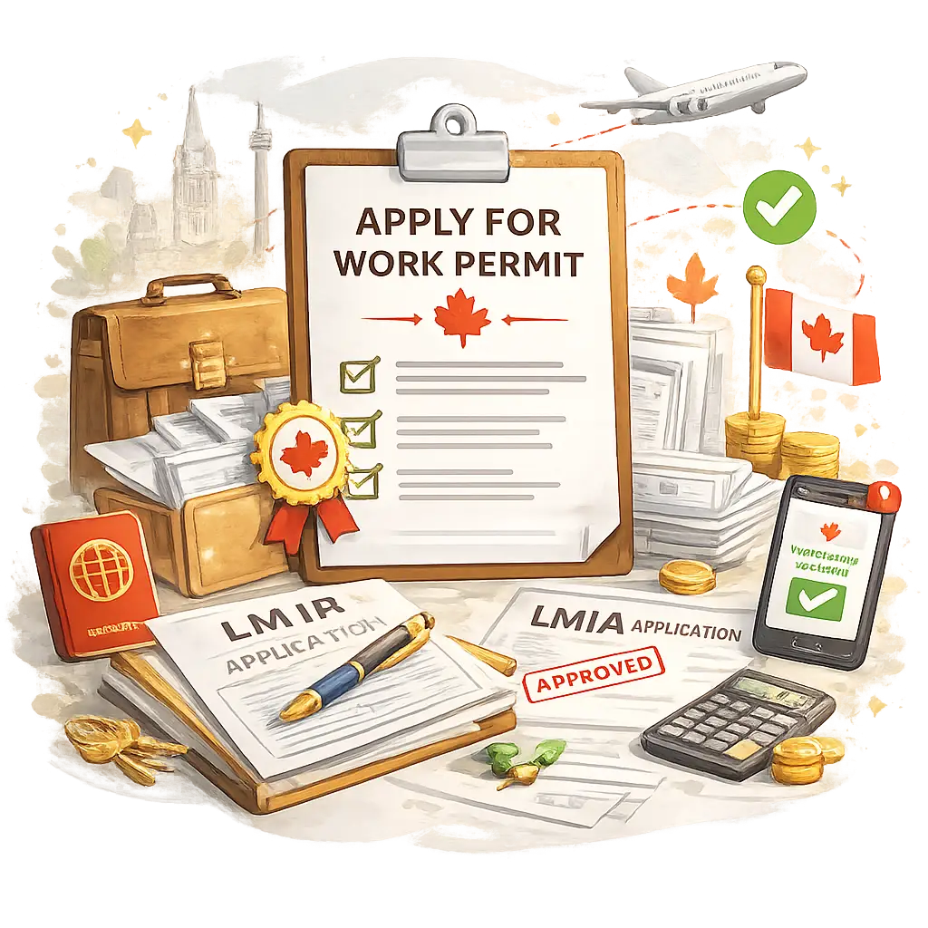 Apply for Work Permit Canada LMIA application process with approved documents, checklist, and Canadian employment illustration