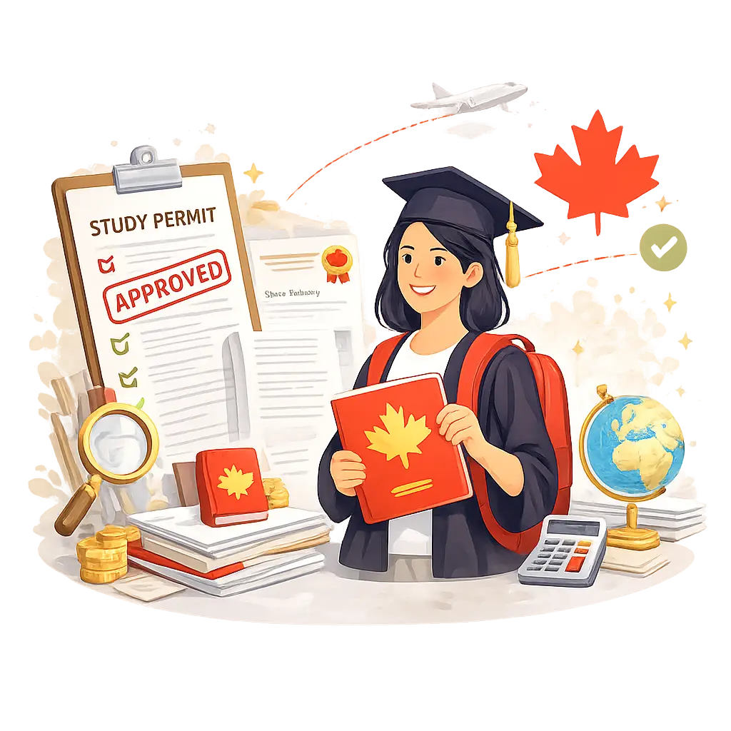 Study Permit Applications in Canada illustration showing student visa process, documents, and approval journey