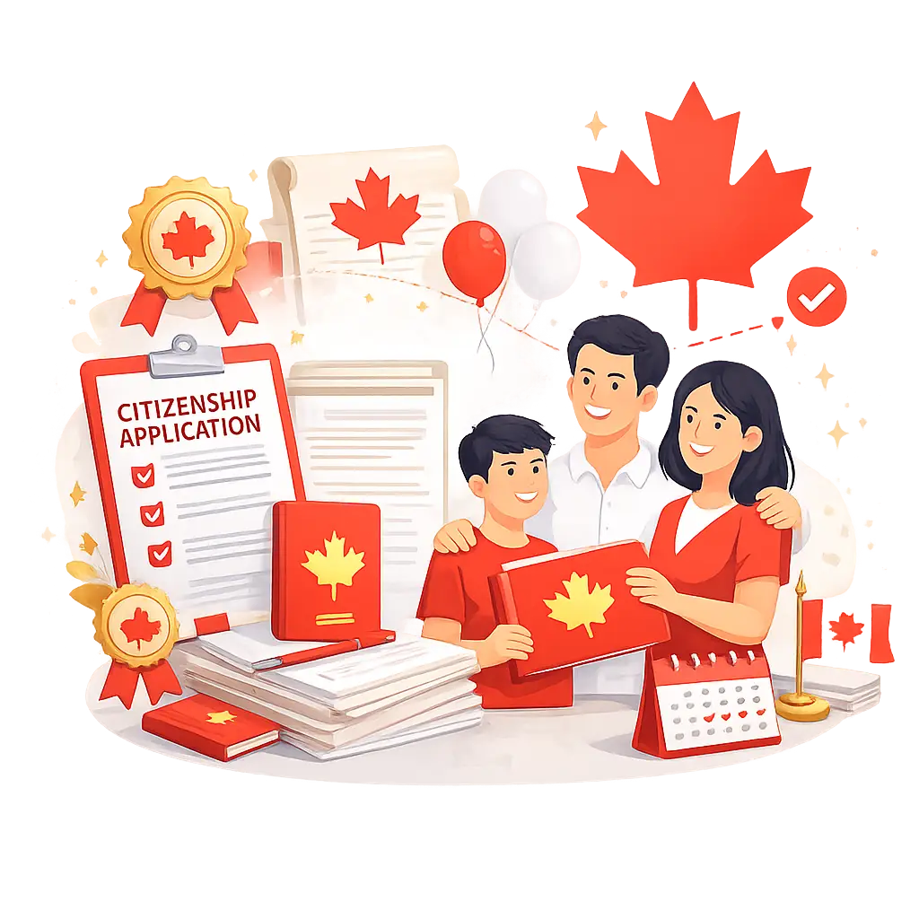 Citizenship Applications in Canada illustration showing immigration process, legal documentation, and approval journey