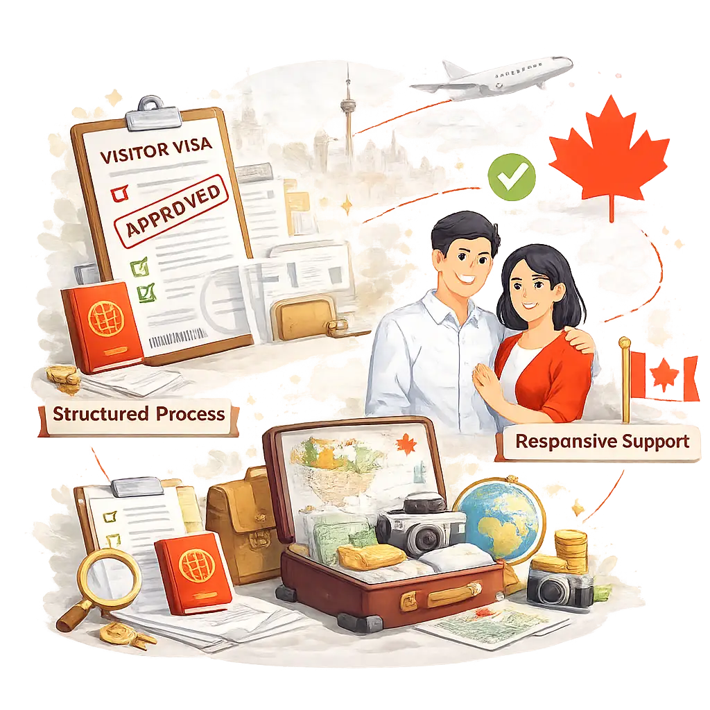 Visitor Visa in Canada illustration showing travel, application process, and visa approval journey