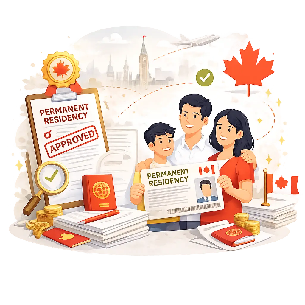 Permanent Residency in Canada illustration showing immigration process, documentation, and approval journey