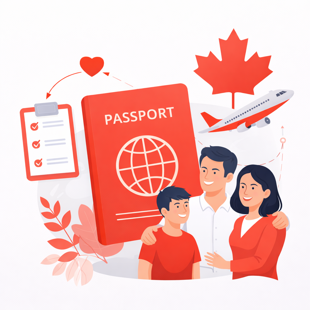Family Sponsorship in Canada illustration showing a happy family, passport, and Canadian immigration symbols