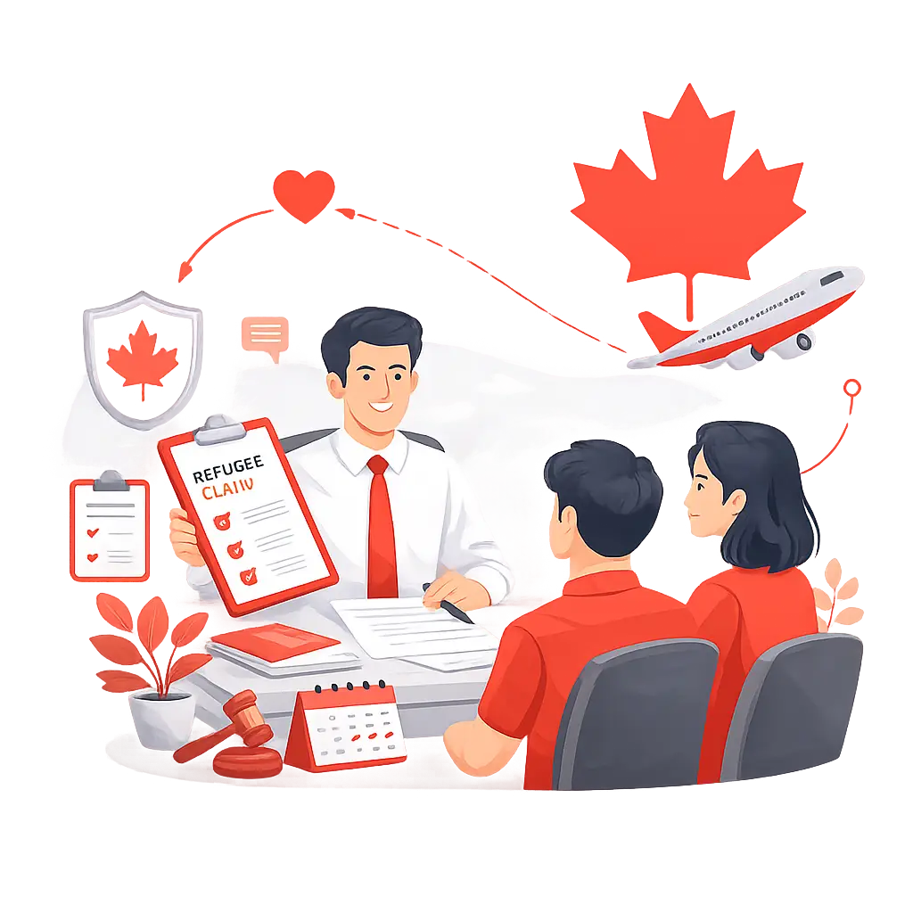 Refugee Claims and Appeals in Canada illustration showing immigration support and legal process