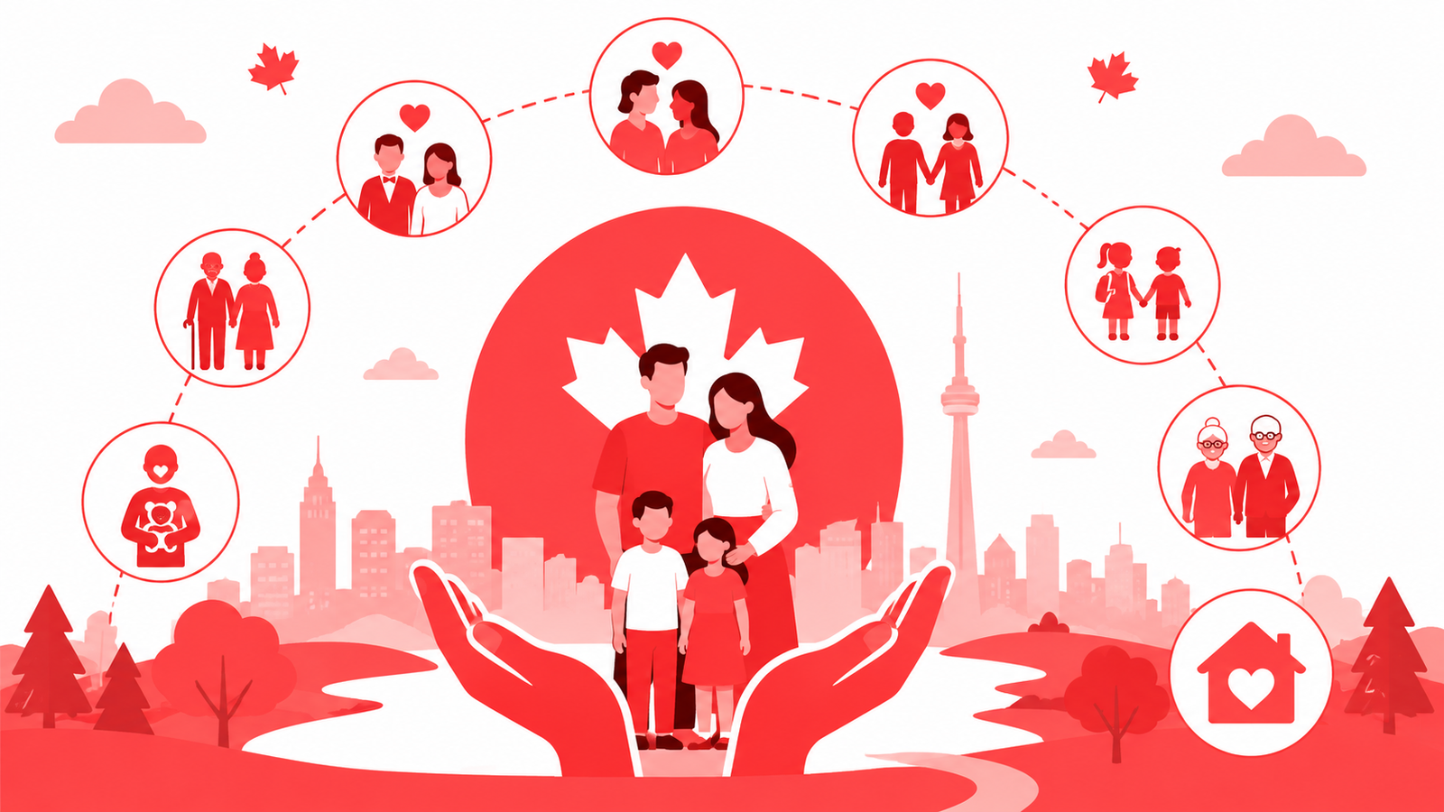 Illustration of a happy family in front of a Canadian maple leaf with supporting hands underneath. Around the family are icons representing spouses, partners, dependent children, parents, grandparents, and extended family members, symbolizing the Family Sponsorship Canada Requirements for bringing eligible relatives to Canada.