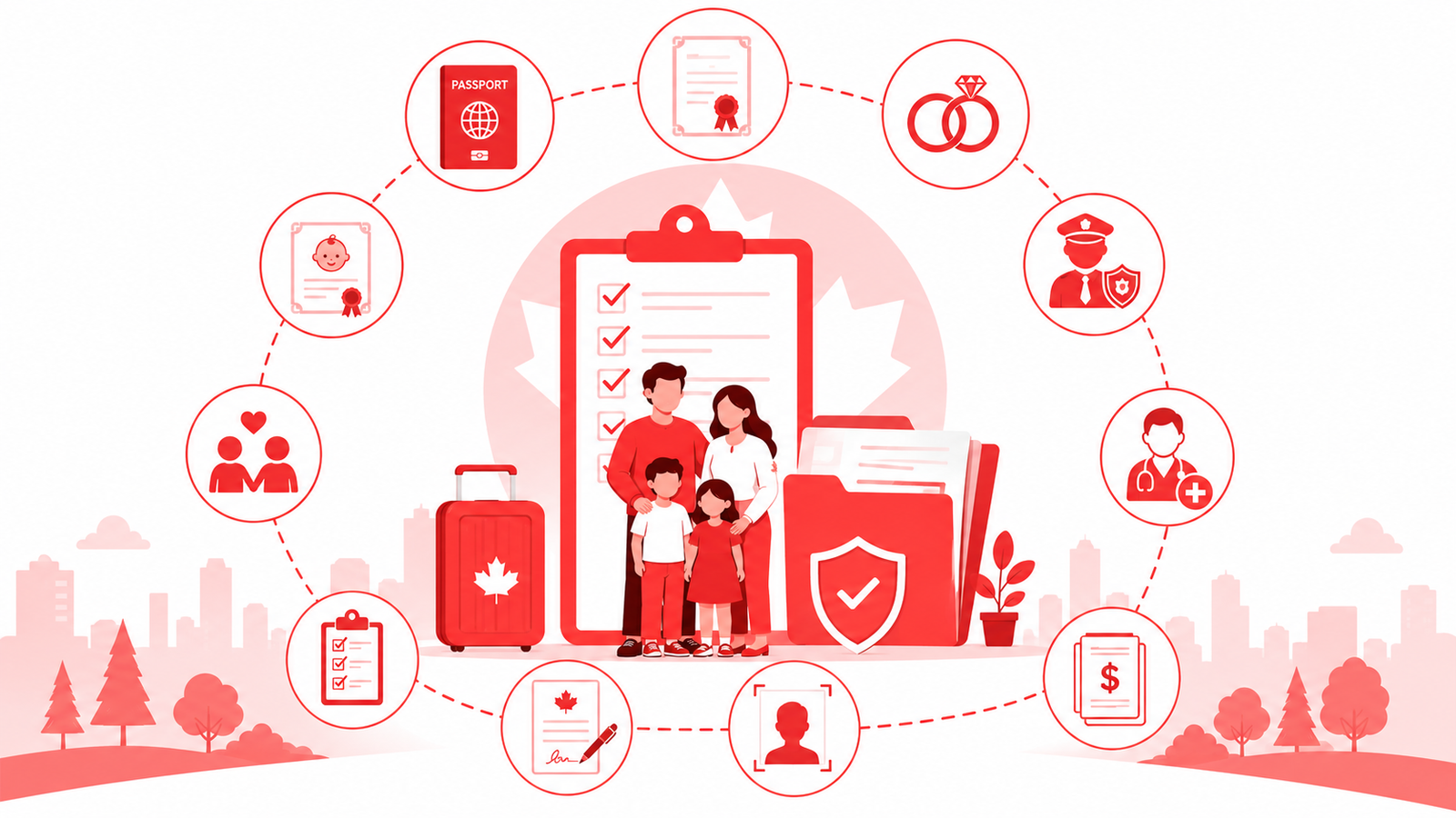 A vector example of a couple reviewing a rejected Canadian immigration utility, surrounded by signs representing missing files, incomplete paperwork, insufficient relationship evidence, misrepresentation, clinical inadmissibility, tortuous inadmissibility, and sponsor eligibility troubles
